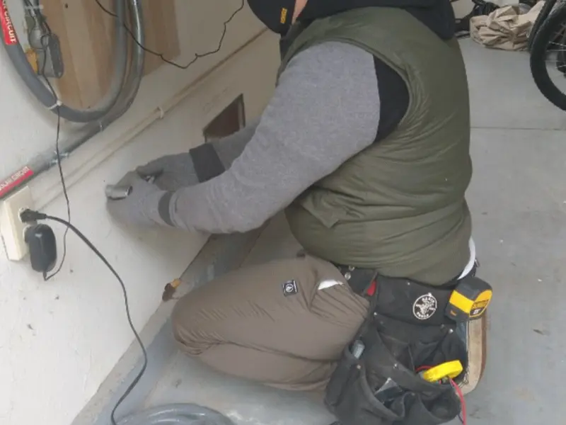 Electrician performing outlet wiring in a Mulberry garage